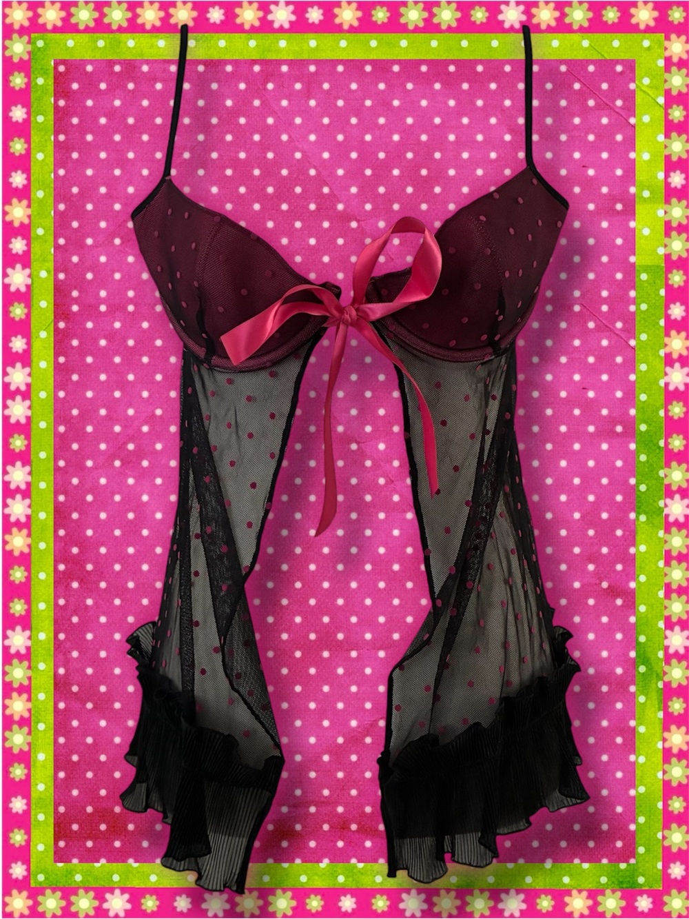 Victoria’s Secret Sheer Black & Pink Polka-Dot Babydoll with Satin Bow